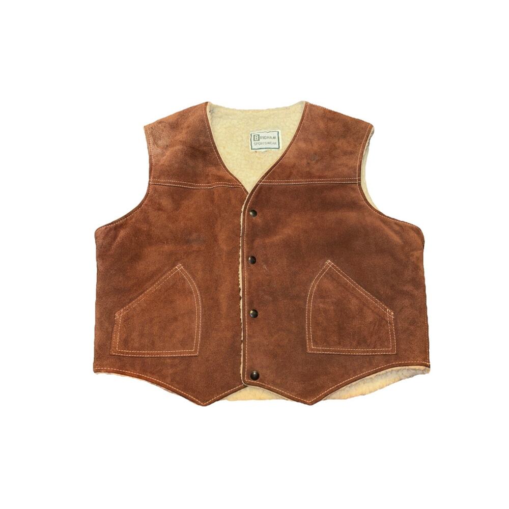 BRIGHAM SPORTSWEAR XL BROWN SUEDE LEATHER VEST SHERPA LINED VINTAGE NOTE